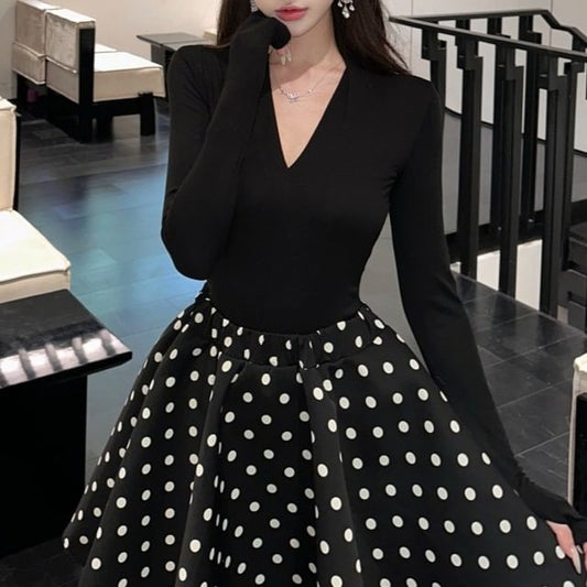 Slim Fit V-Neck Long Sleeve Plain T-Shirt and High Waist Dotted A-Line Skirt