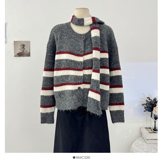 Long Sleeve Crew Neck Striped Cardigan with Scarf