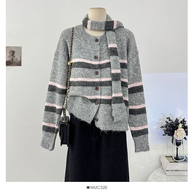 Long Sleeve Crew Neck Striped Cardigan with Scarf