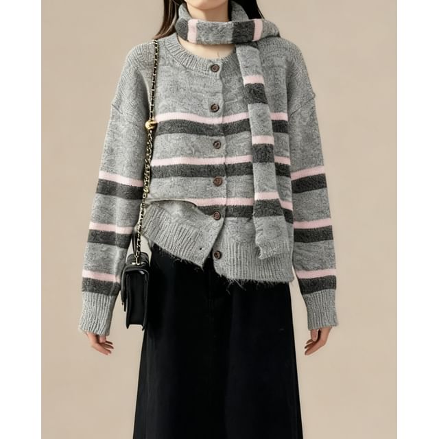 Long Sleeve Crew Neck Striped Cardigan with Scarf