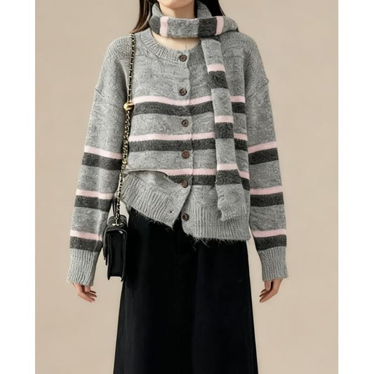 Long Sleeve Crew Neck Striped Cardigan with Scarf