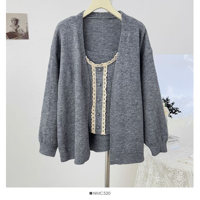 Set: Scoop Neck Lace-Trim Knit Camisole Top + Long Sleeve Plain Cardigan