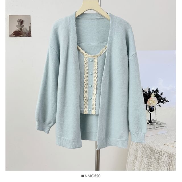 Set: Scoop Neck Lace-Trim Knit Camisole Top + Long Sleeve Plain Cardigan