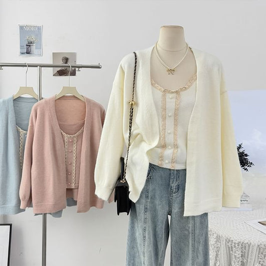 Set: Scoop Neck Lace-Trim Knit Camisole Top + Long Sleeve Plain Cardigan