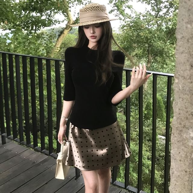 Solid Knit Top with Elbow-Length Sleeves + Polka Dot Mini Skirt, Two-Piece Set
