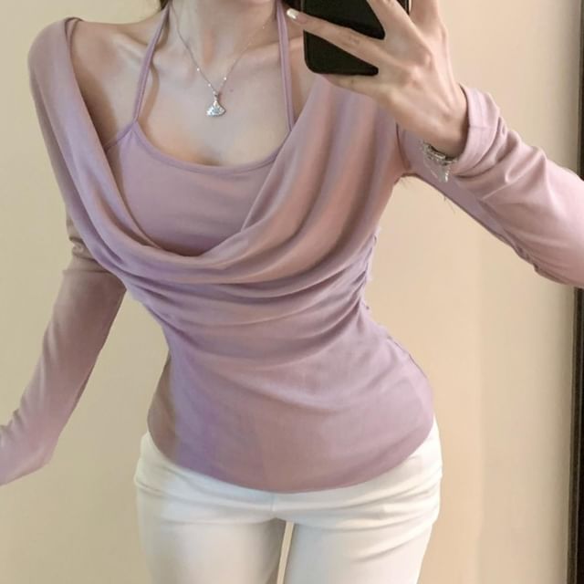 Illusion Two-Piece Top with Halter Neckline, Long Sleeves & Solid Color Design