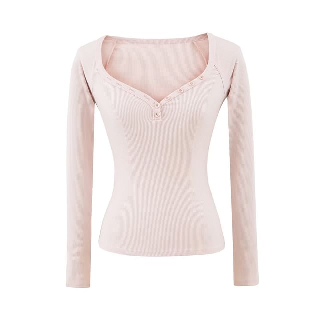 Solid-Colored Henley Top with Open Shoulder Design & Long Sleeves