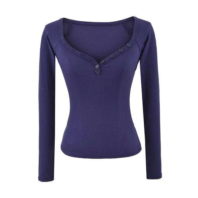 Solid-Colored Henley Top with Open Shoulder Design & Long Sleeves