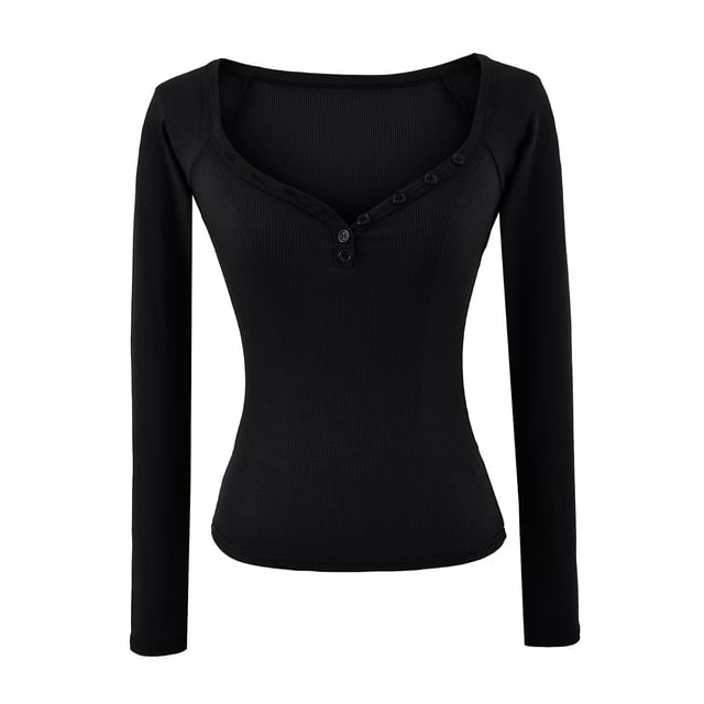 Solid-Colored Henley Top with Open Shoulder Design & Long Sleeves