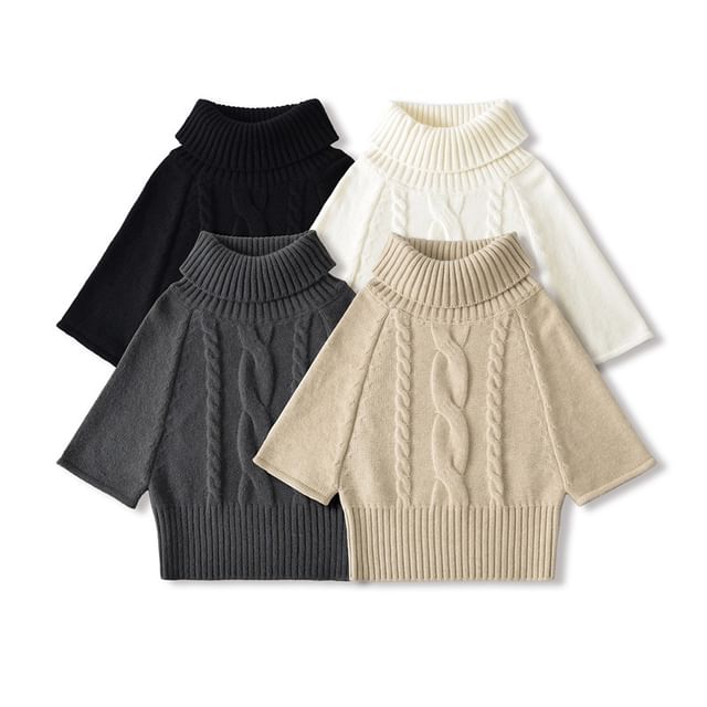 Solid Cable-Knit Sweater with Turtleneck & Three-Quarter Sleeves, Cozy Pullover