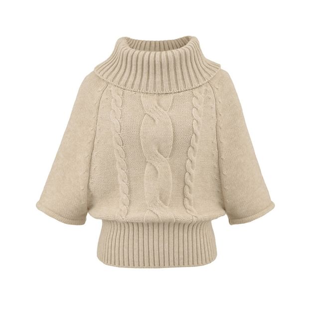 Solid Cable-Knit Sweater with Turtleneck & Three-Quarter Sleeves, Cozy Pullover