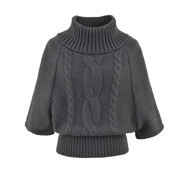 Solid Cable-Knit Sweater with Turtleneck & Three-Quarter Sleeves, Cozy Pullover