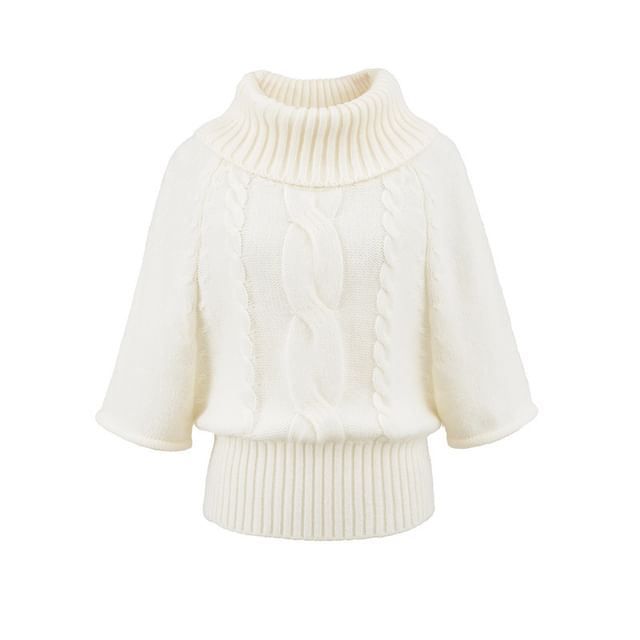 Solid Cable-Knit Sweater with Turtleneck & Three-Quarter Sleeves, Cozy Pullover