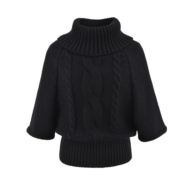 Solid Cable-Knit Sweater with Turtleneck & Three-Quarter Sleeves, Cozy Pullover