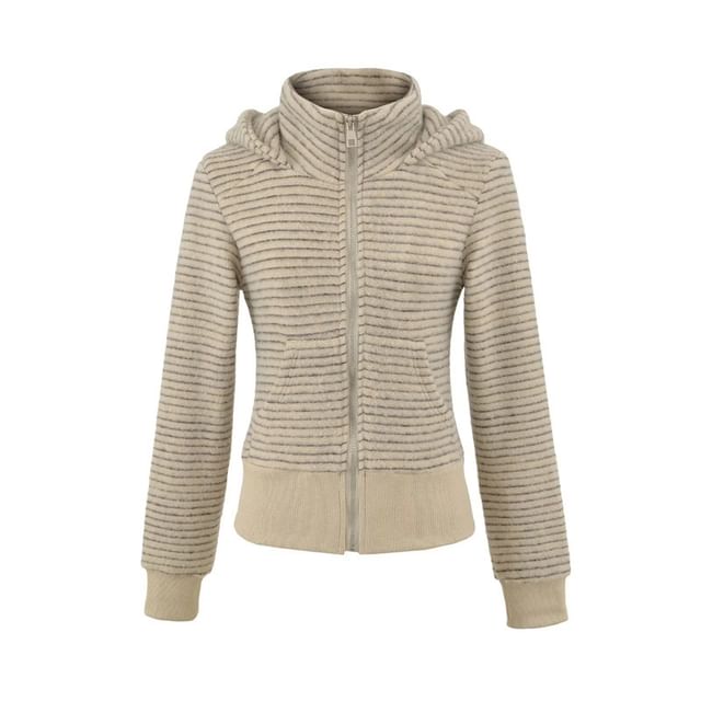 Striped Cropped Hoodie with Stand Collar, Zip-Up Front & Long Sleeves