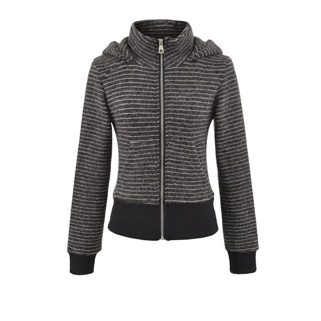 Striped Cropped Hoodie with Stand Collar, Zip-Up Front & Long Sleeves