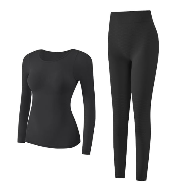 Matching Set: Solid Long-Sleeve Top + Leggings, Cozy Two-Piece Outfit
