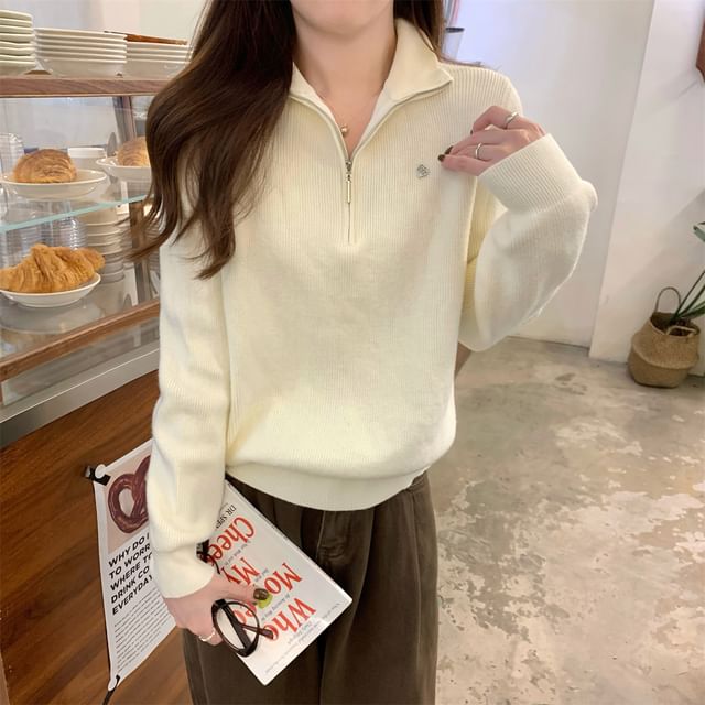 Solid Sweater with Stand Collar & Half-Zip Front, Long Sleeve Pullover