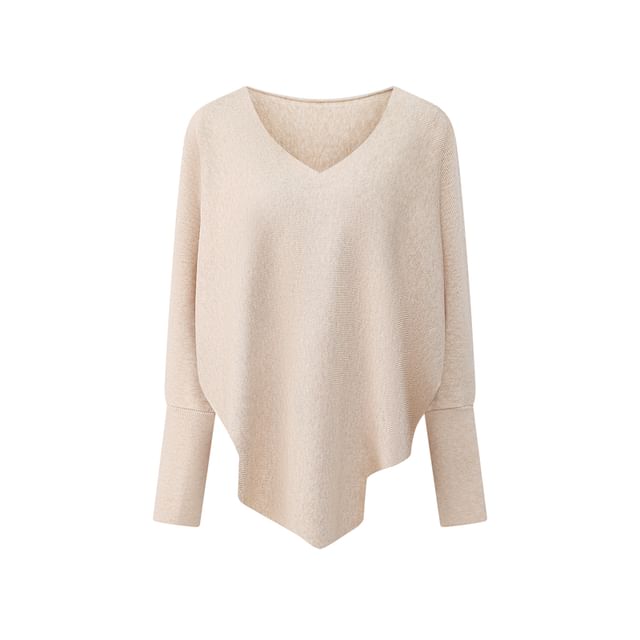 Solid Knit Top with V-Neckline & Batwing Sleeves, Relaxed Fit Pullover