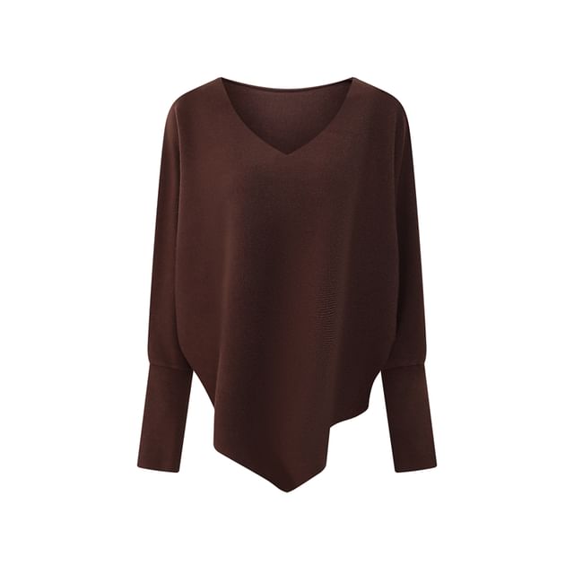 Solid Knit Top with V-Neckline & Batwing Sleeves, Relaxed Fit Pullover