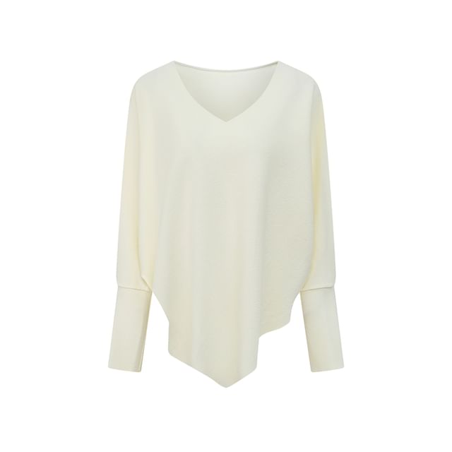 Solid Knit Top with V-Neckline & Batwing Sleeves, Relaxed Fit Pullover