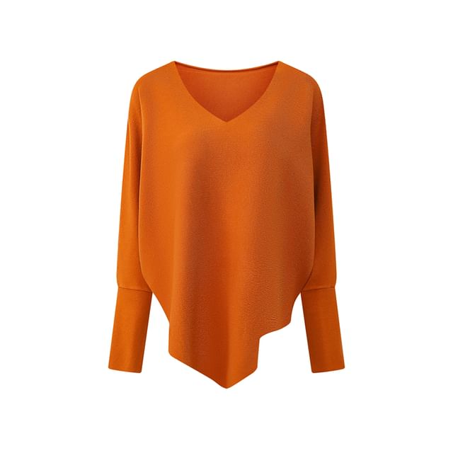 Solid Knit Top with V-Neckline & Batwing Sleeves, Relaxed Fit Pullover