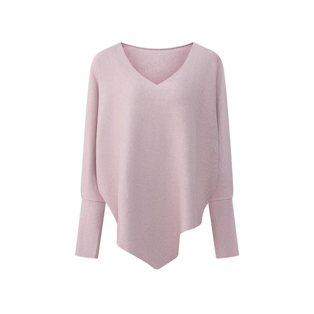 Solid Knit Top with V-Neckline & Batwing Sleeves, Relaxed Fit Pullover