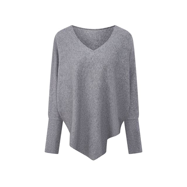 Solid Knit Top with V-Neckline & Batwing Sleeves, Relaxed Fit Pullover