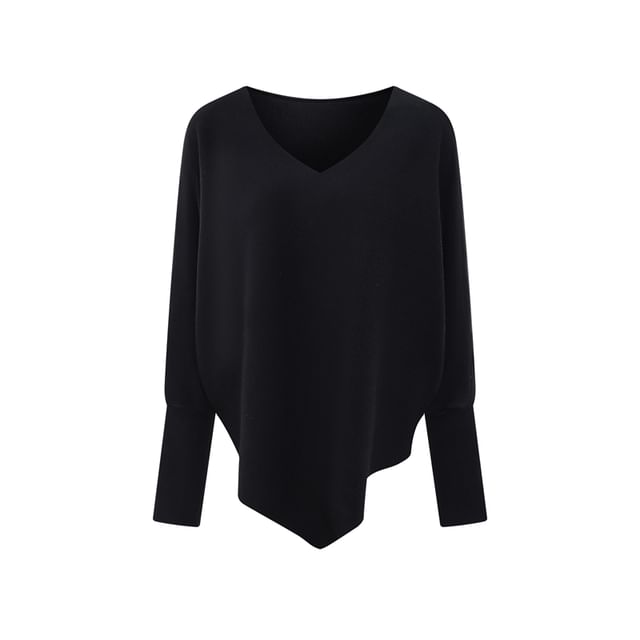 Solid Knit Top with V-Neckline & Batwing Sleeves, Relaxed Fit Pullover