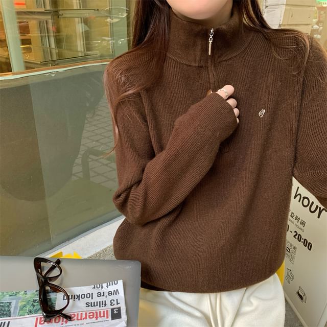 Solid Sweater with Stand Collar & Half-Zip Front, Long Sleeve Pullover