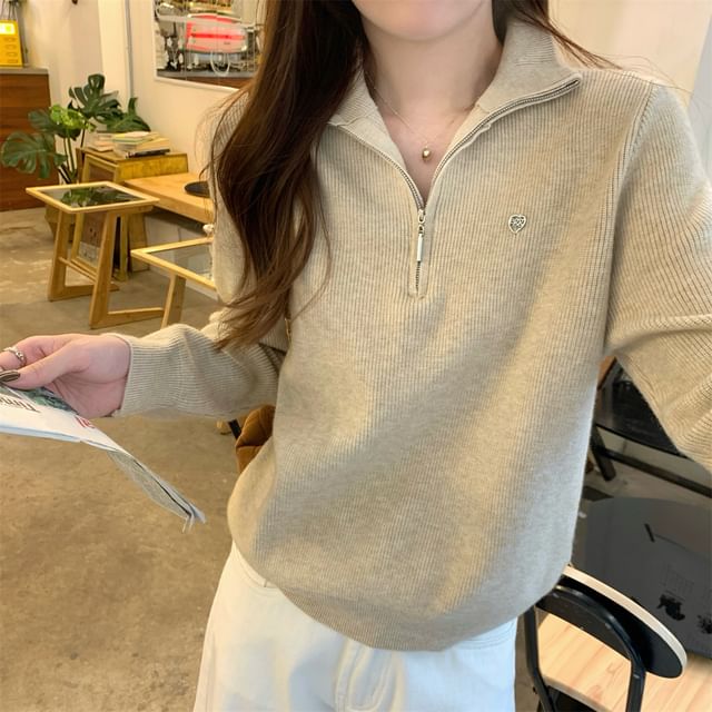 Solid Sweater with Stand Collar & Half-Zip Front, Long Sleeve Pullover