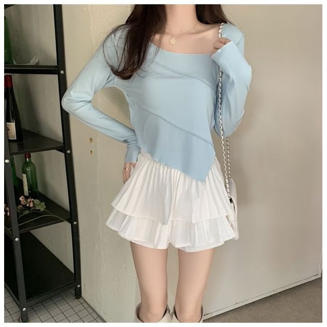 Plain Asymmetrical Long Sleeve Tee Shirt