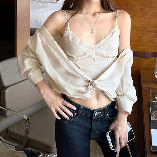 V-Neck Lace Panel Crop Cami and Long-Sleeve Knot Blouse Set