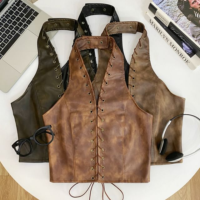 Faux Leather Halter Crop Top with V-Neck and Lace-Up Back