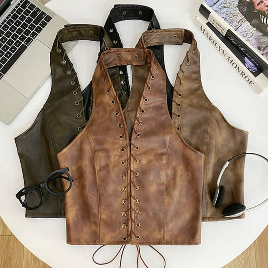 Faux Leather Halter Crop Top with V-Neck and Lace-Up Back