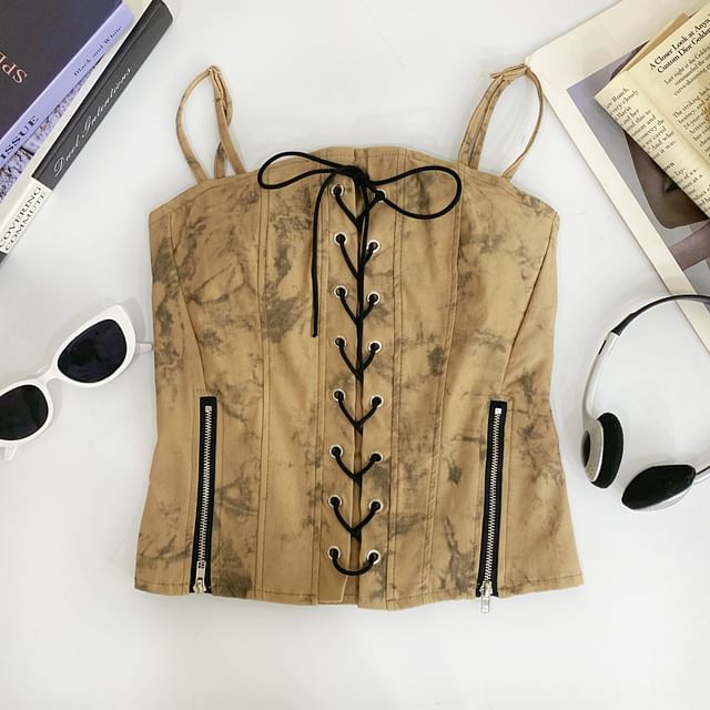 Tie Dye Zip-Front Crop Camisole with Slit Detail
