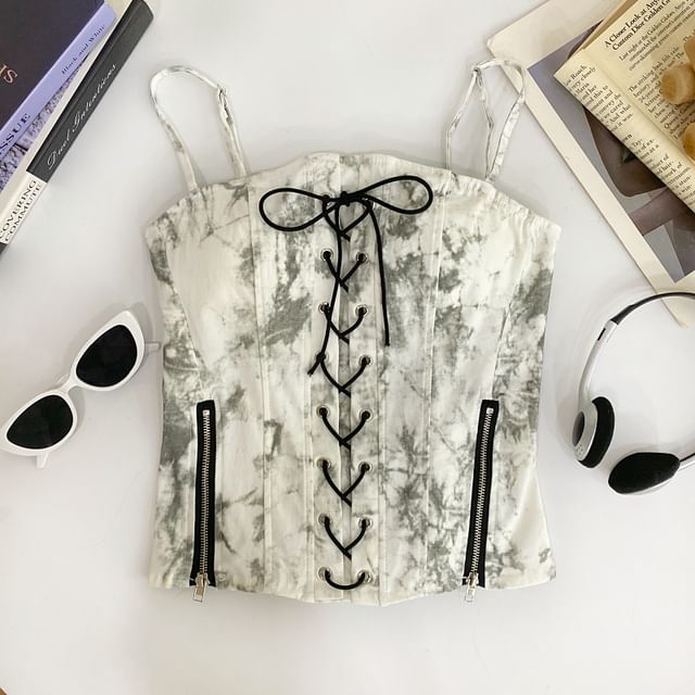 Tie Dye Zip-Front Crop Camisole with Slit Detail