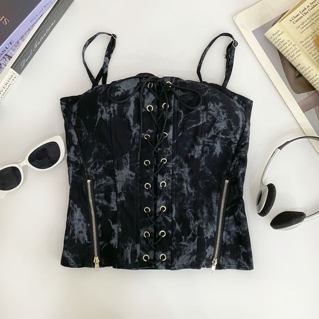 Tie Dye Zip-Front Crop Camisole with Slit Detail