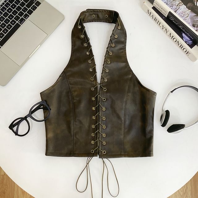 Faux Leather Halter Crop Top with V-Neck and Lace-Up Back