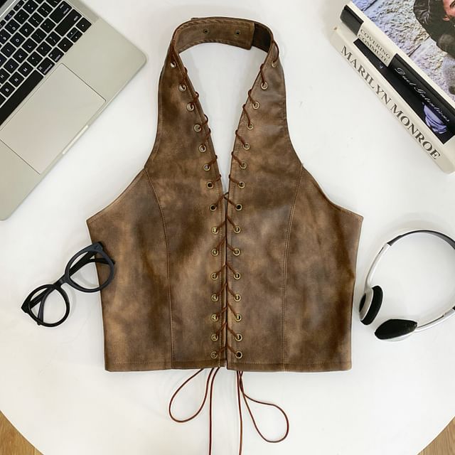 Faux Leather Halter Crop Top with V-Neck and Lace-Up Back