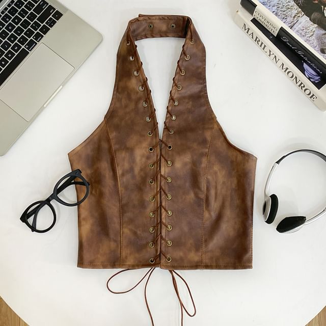Faux Leather Halter Crop Top with V-Neck and Lace-Up Back