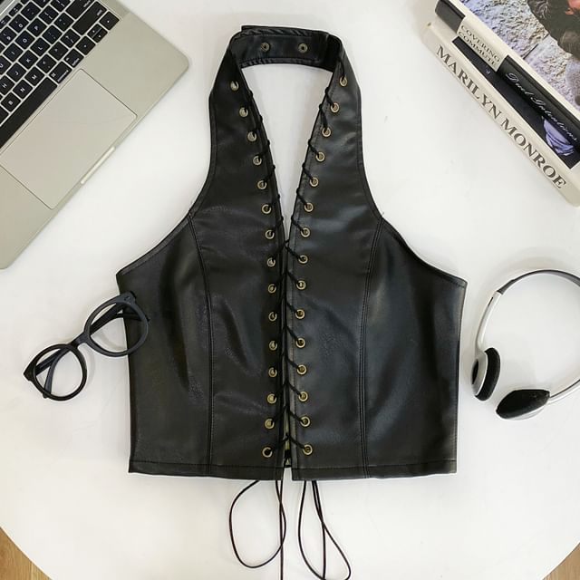 Faux Leather Halter Crop Top with V-Neck and Lace-Up Back