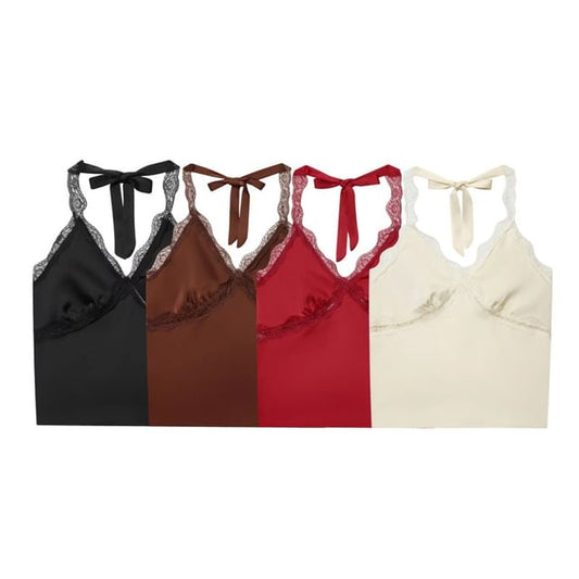 Satin Halter Crop Top with V-Neck and Lace Panel Back