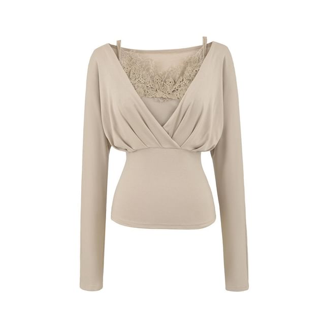 Set: Slim Fit Ruched Top + Lace Panel Padded Crop Camisole