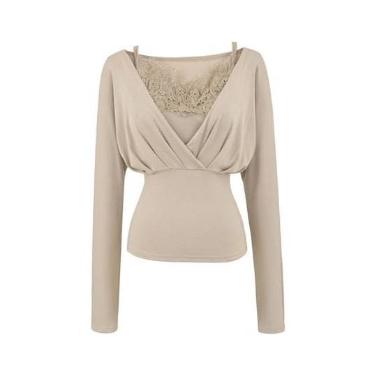 Set: Slim Fit Ruched Top + Lace Panel Padded Crop Camisole