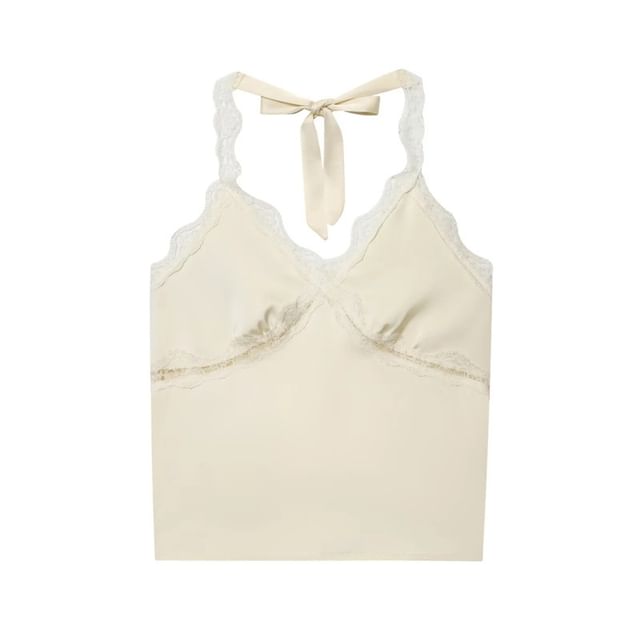 Satin Halter Crop Top with V-Neck and Lace Panel Back