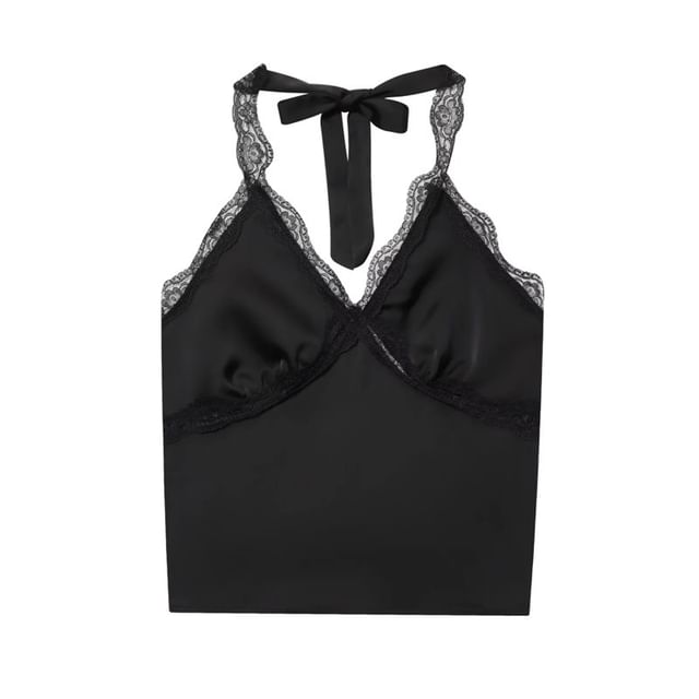 Satin Halter Crop Top with V-Neck and Lace Panel Back