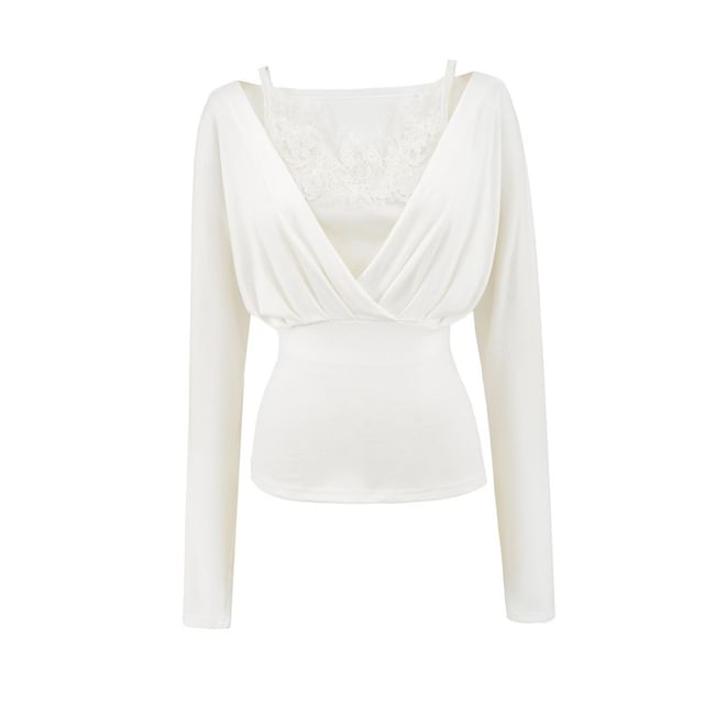 Set: Slim Fit Ruched Top + Lace Panel Padded Crop Camisole