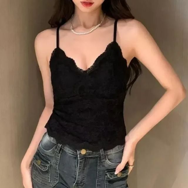 V-Neck Fleece Lined Lace Cami Top