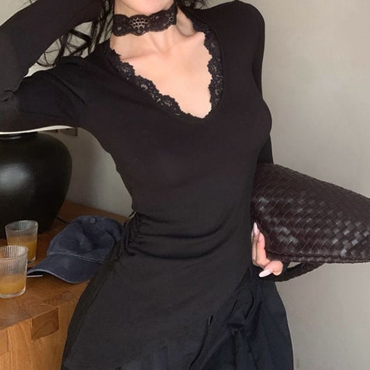 V-Neck Asymmetric Long-Sleeve T-Shirt with Lace Trim